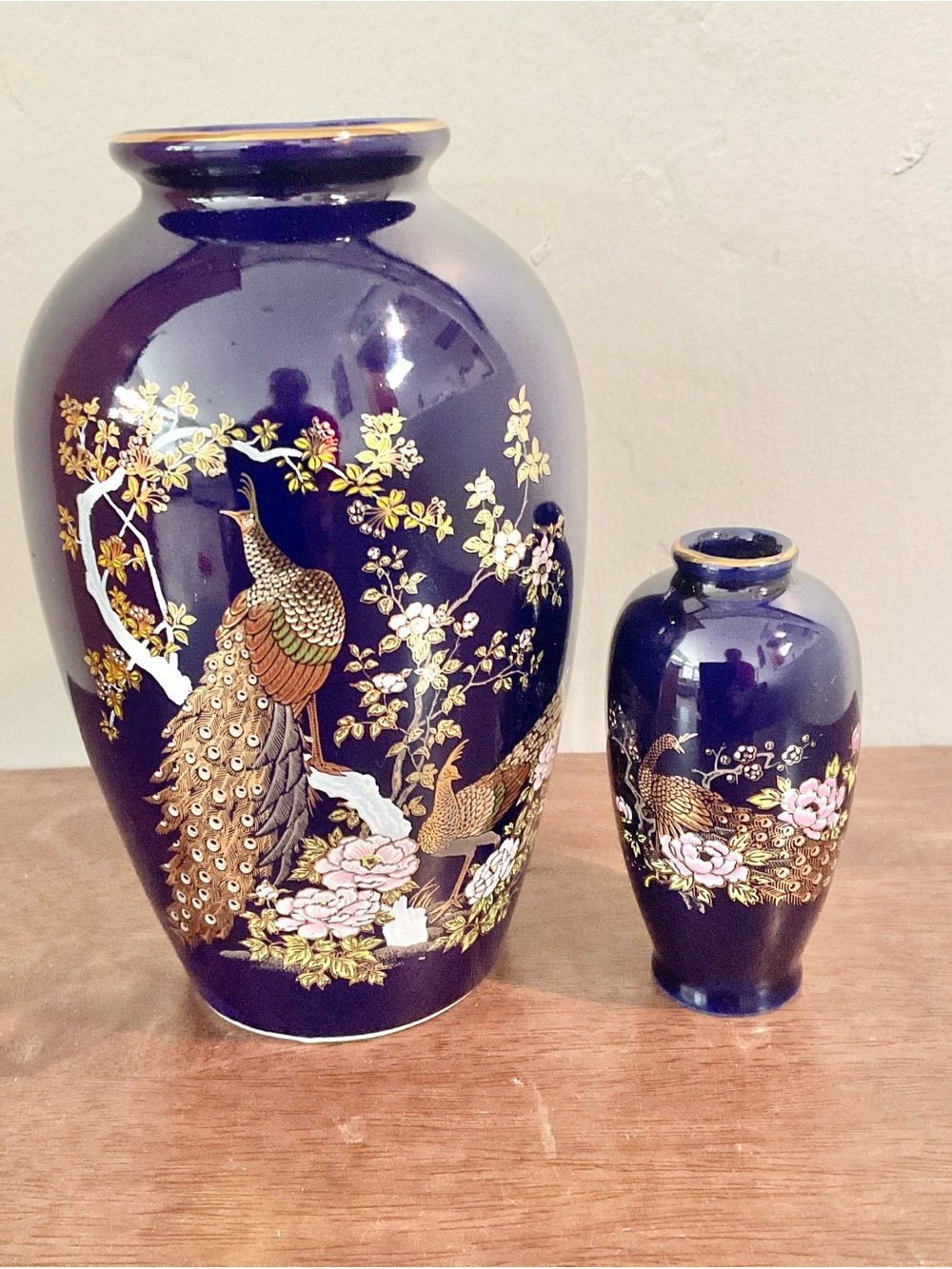 1960’s Japanese Colbalt Blue Vontage porcelain peacock Vases Set set of 2